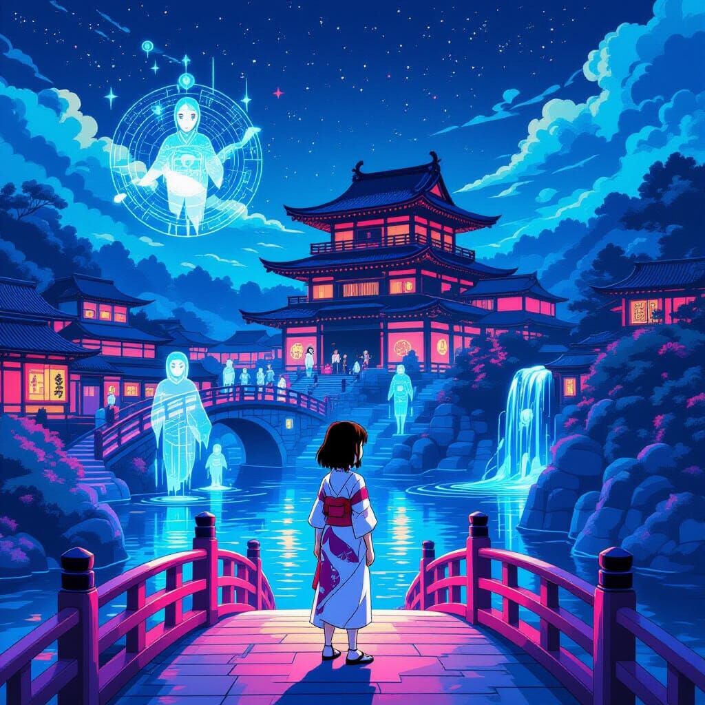 Spirited Away Sorceress in Neon Cyberpunk Bathhouse