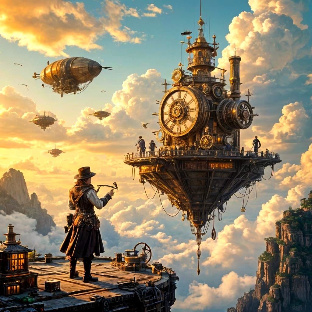 Steampunk Inventor on Floating Island with Clockwork Device