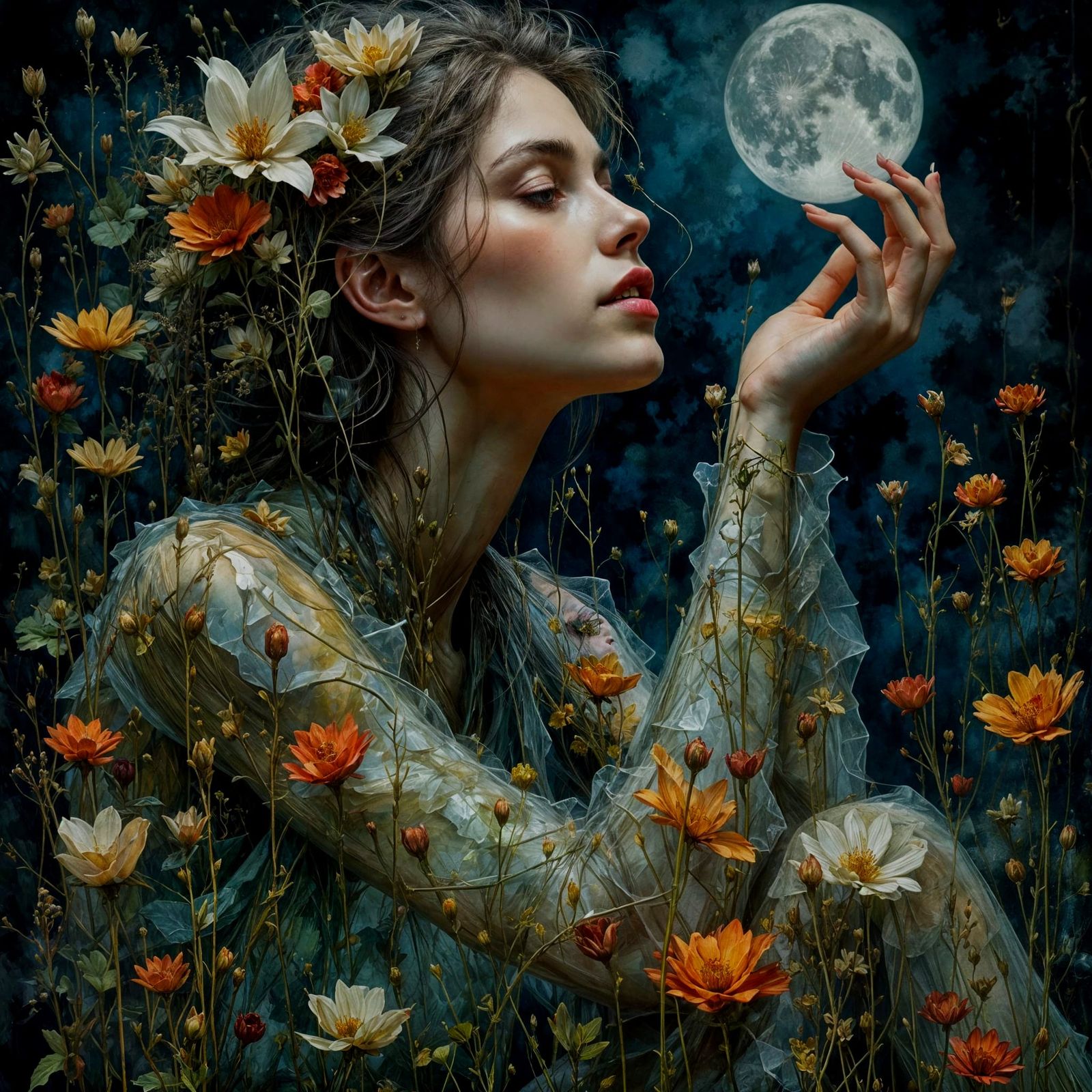 Ethereal Woman of Plants Under Full Moon