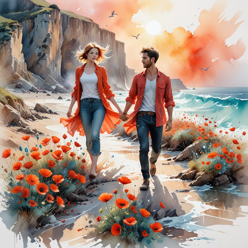 Sun-Drenched Seaside Cliff in Watercolor Style