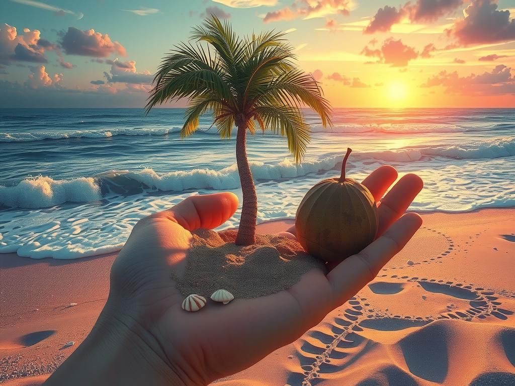 Palm Tree in Hand on Beach, Detailed Digital Art