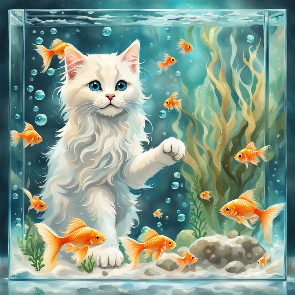 Watercolor Kitten Gazing at Goldfish in Tank