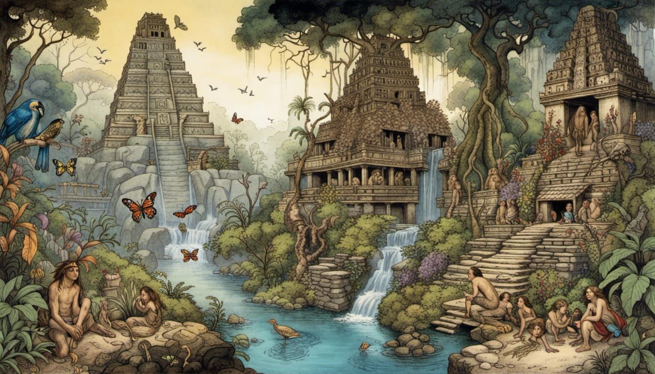 Mayan Temples in Jungle, Arthur Rackham Style
