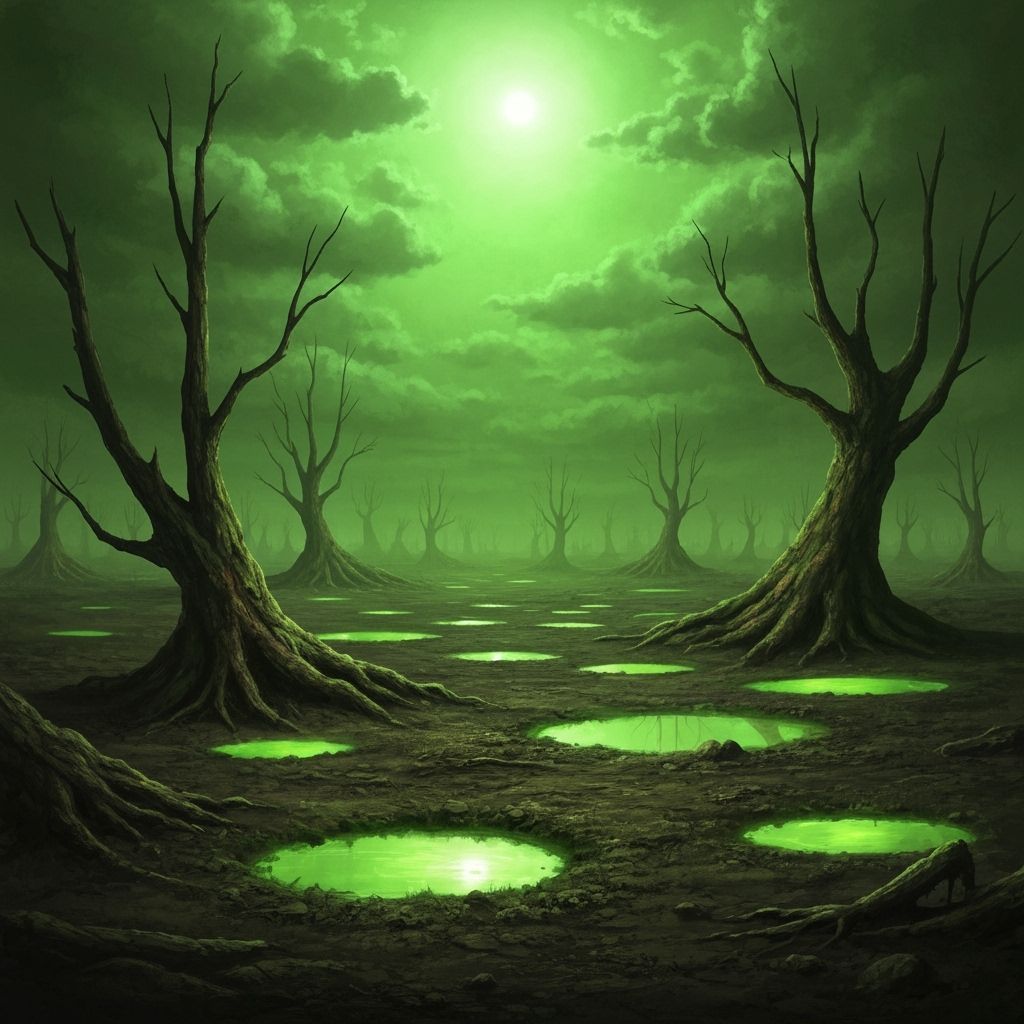Toxic Wasteland with Radioactive Puddles and Green Sky