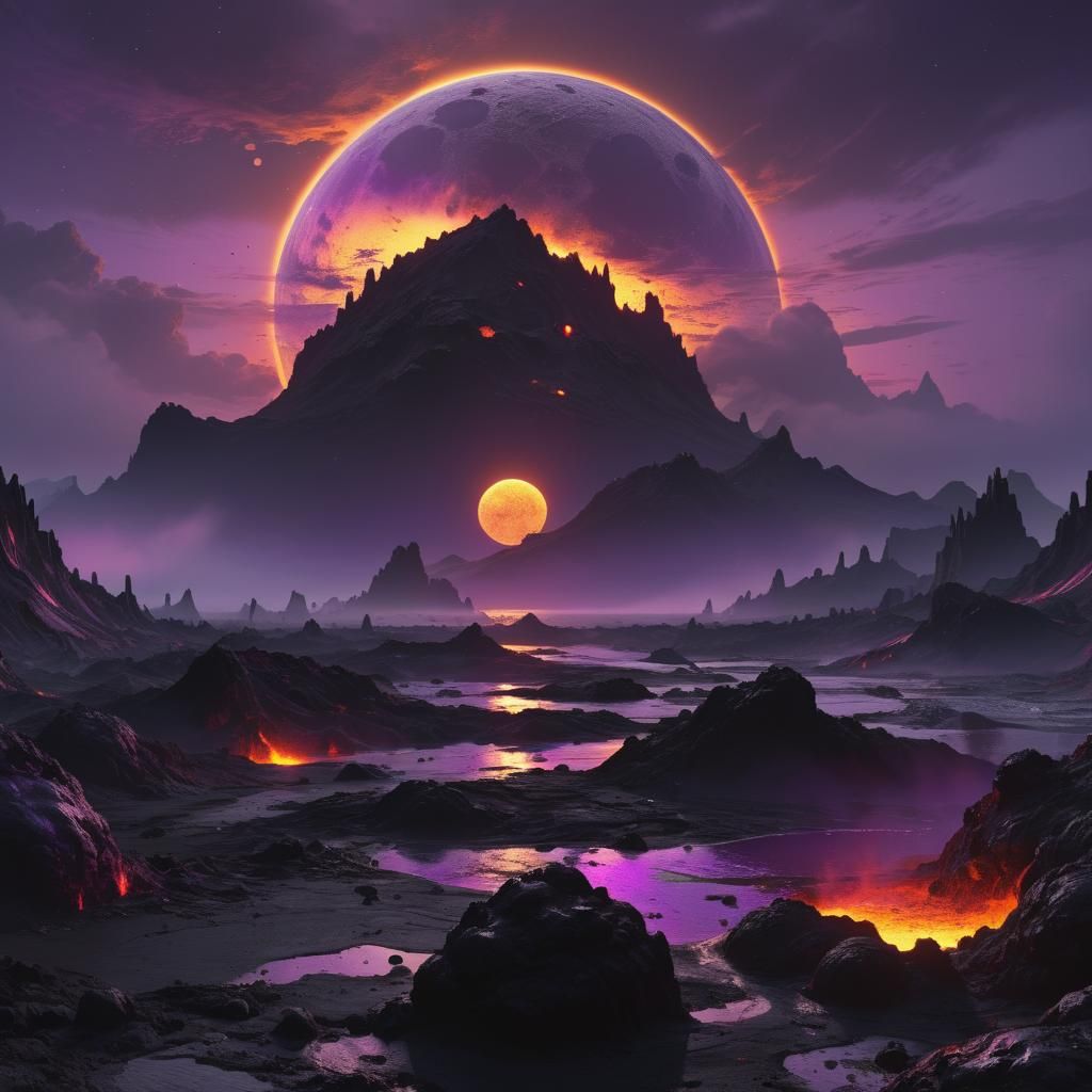 Galactic Sunset Over Volcanic Moon: Fantasy Concept Art