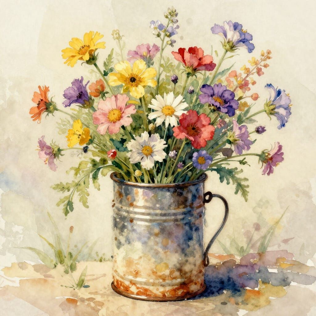 Vibrant Wildflowers in Rustic Can Watercolor Painting