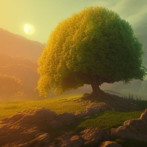 Green Apple Tree at Sunset: Detailed Digital Painting