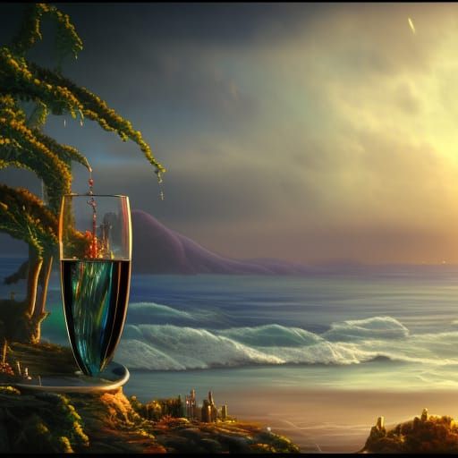 Ocean in Wine Glass: Detailed Matte Painting