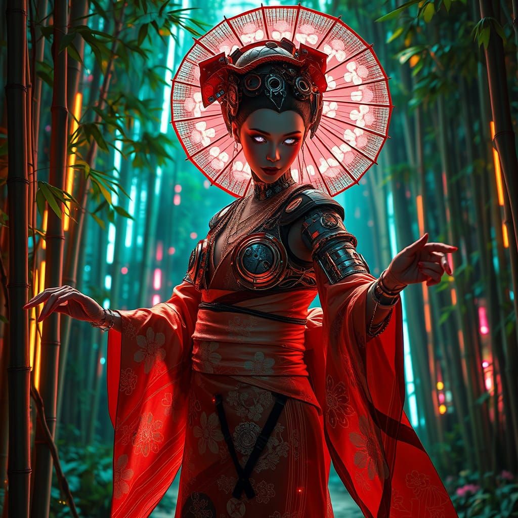 Gothic Cyborg Geisha Dancing in Neon Garden