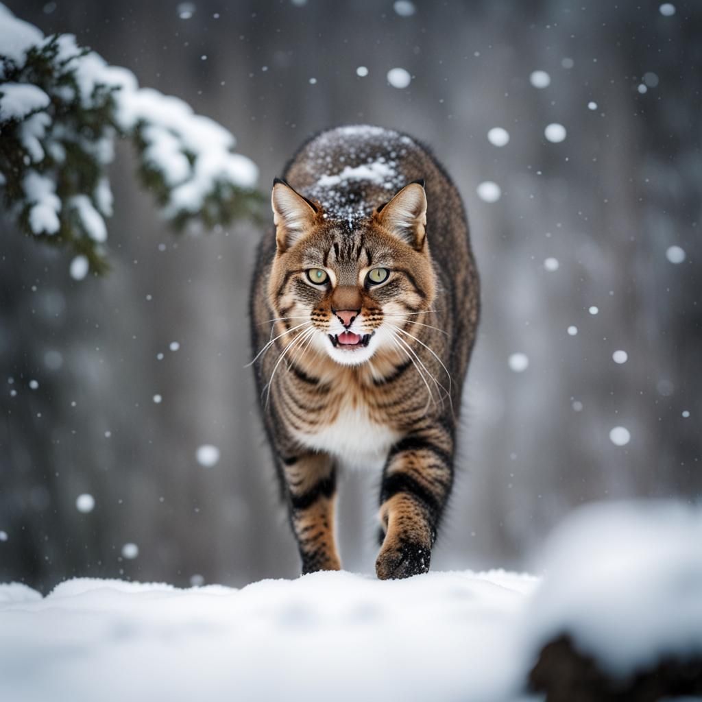 Wildcat Snarling in Winter Woods