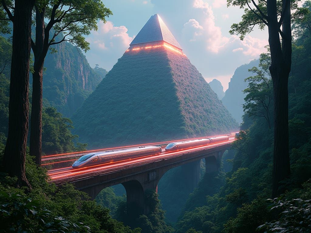 Surreal Solarpunk Ziggurat Rises from Primeval Forest in a B...