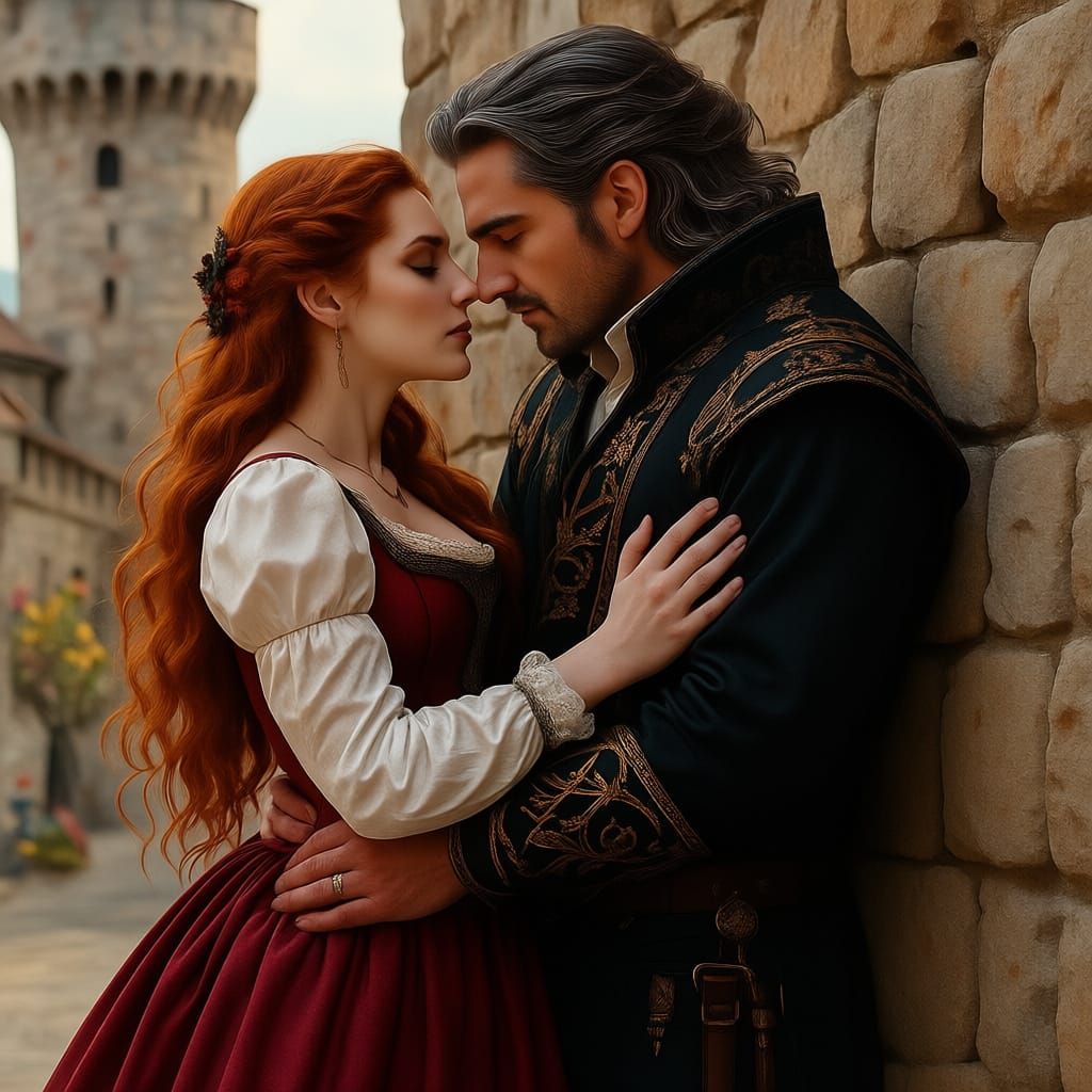 Ren Faire Vampire Kisses Red Haired Beauty Against Castle