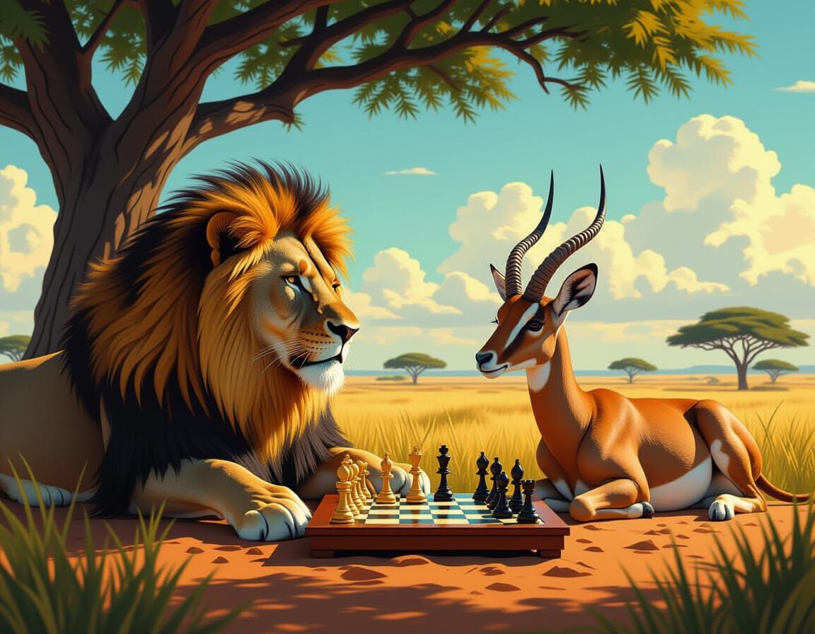 Lion and Antelope Play Chess on African Plains