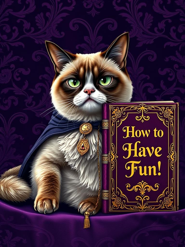 Regal Grumpy Cat with Book in Opulent Style