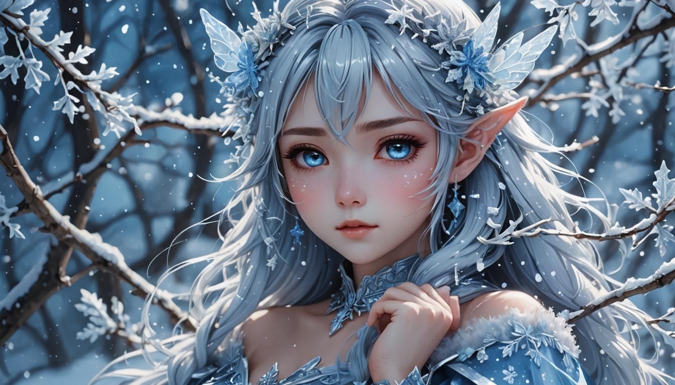 Icy Fairy on Snowy Branch in Anime Style