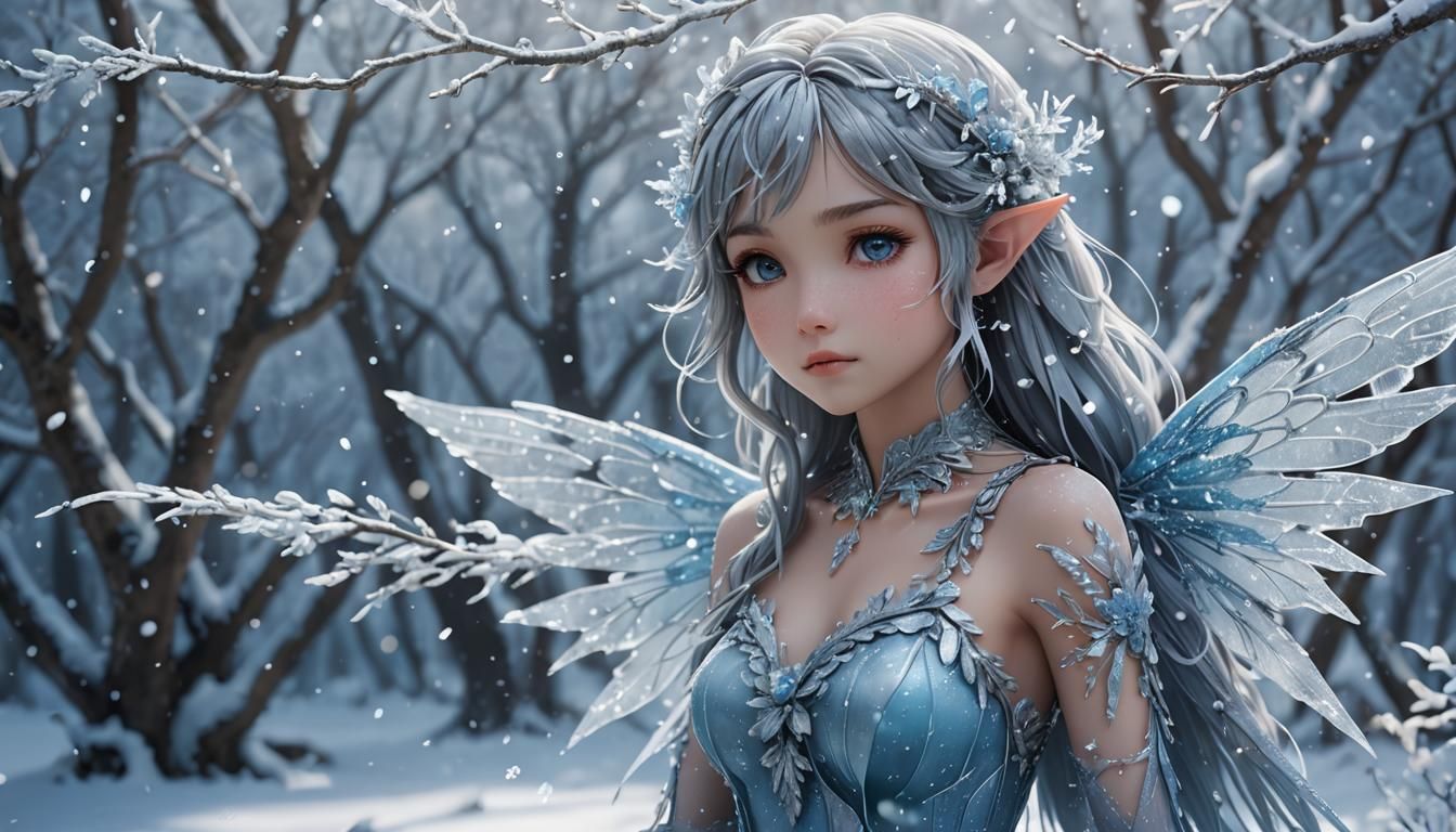 Icy Fairy on Snowy Branch in 3D Anime Style