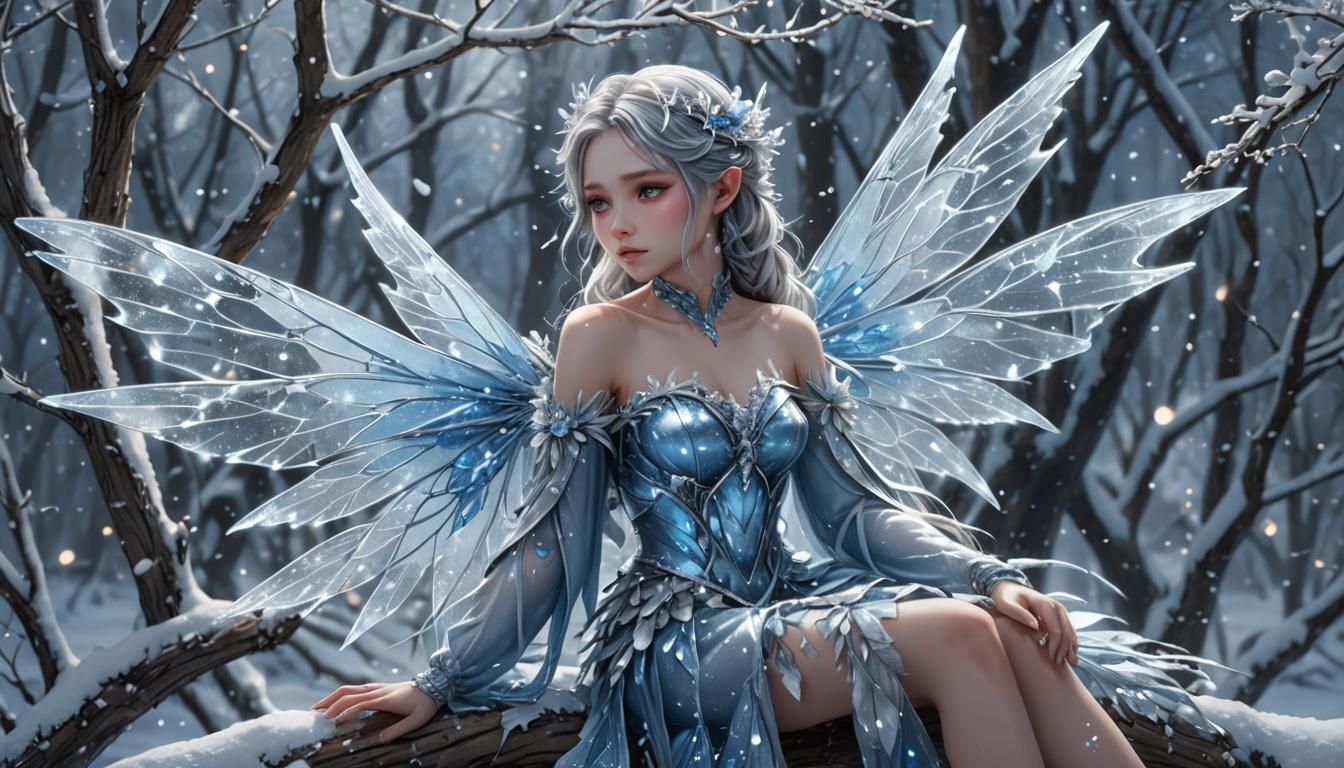 Icy Fairy on Snowy Branch: Anime-Inspired Digital Art