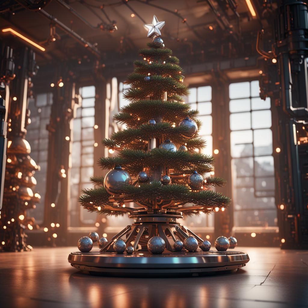 Futuristic Oak Christmas Tree with Lights, Sci-Fi Art