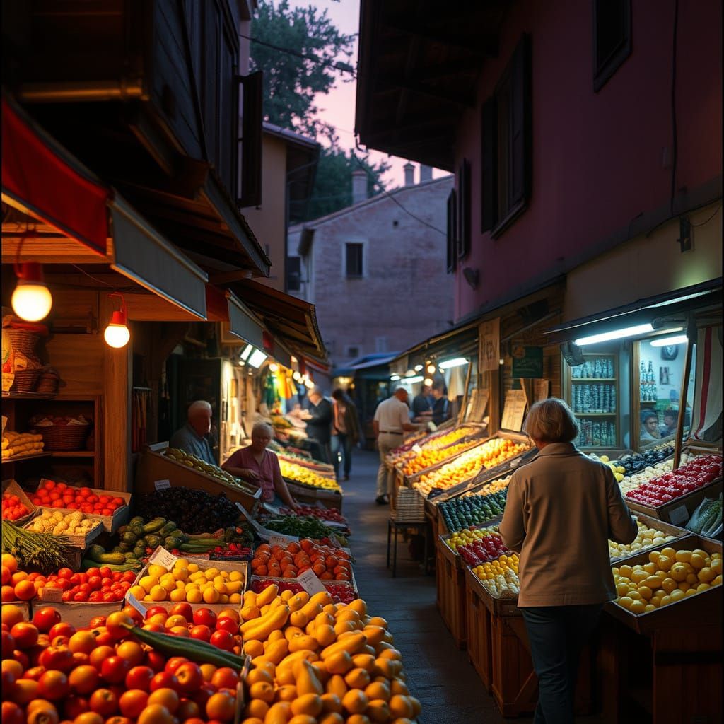 Italian Village Market in Golden Light, Neorealism