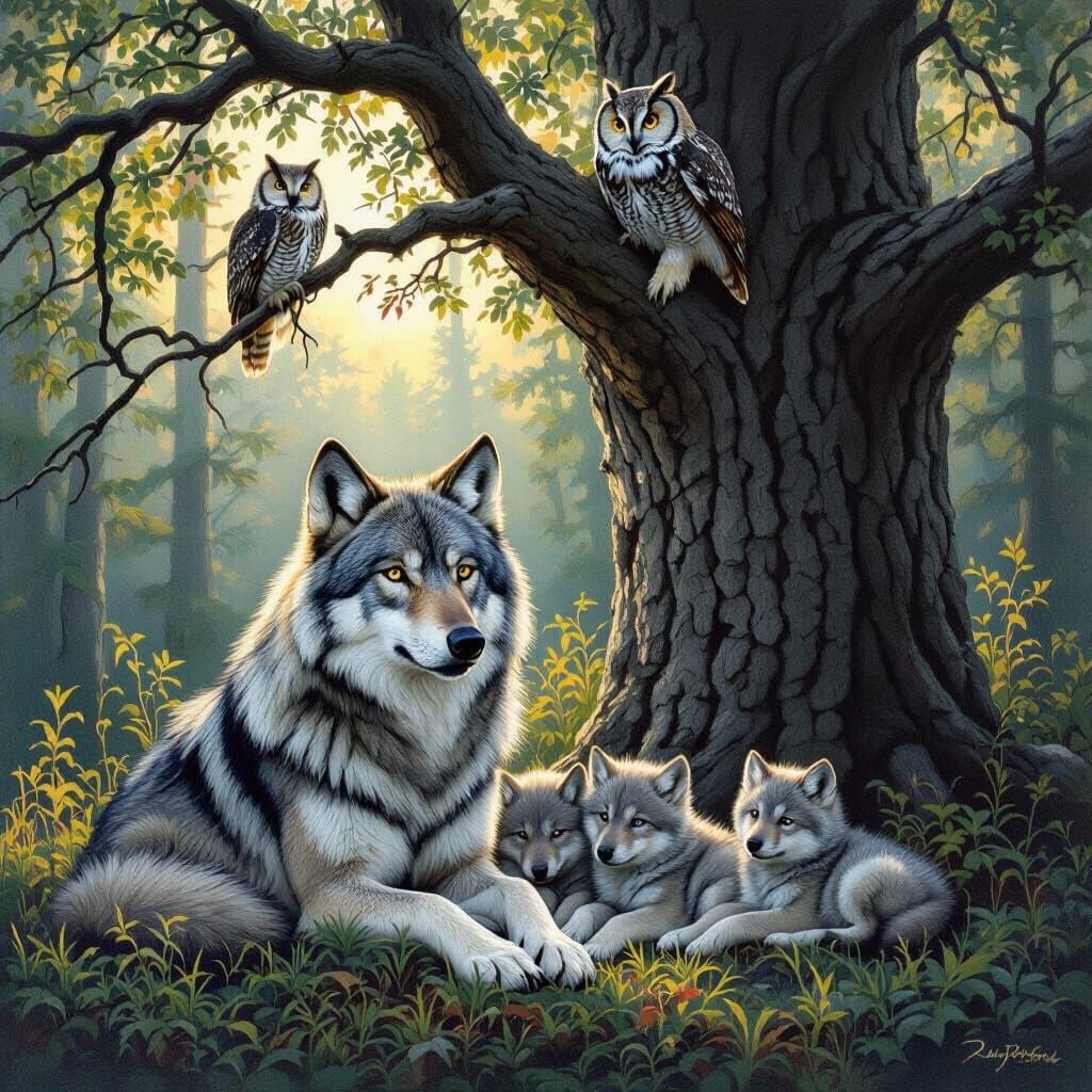 Grey Wolf Family in Forest, Wildlife Art Style