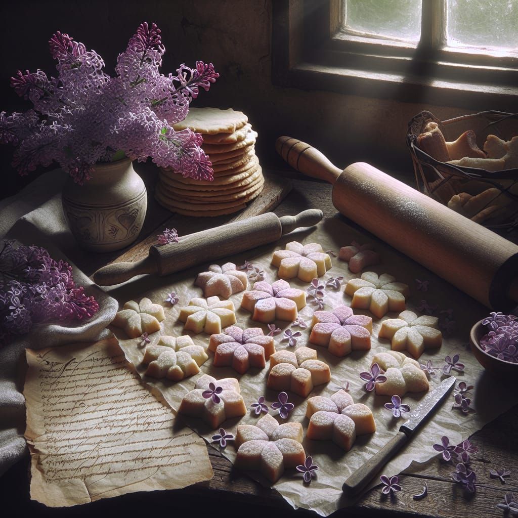Lilac Shortbread Cookies on Medieval Table