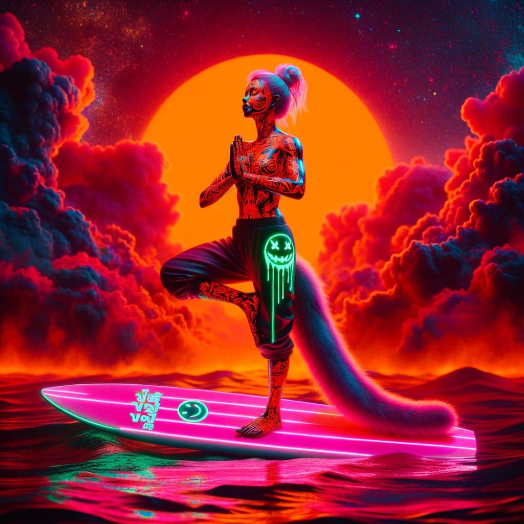 Vibrant Cyberpunk Surfer Goddess on Fiery Clouds