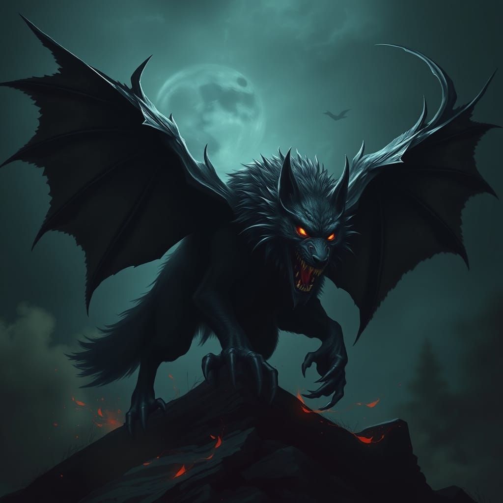 Ethereal Dark Wolf with Bat Wings and Supernatural Glow