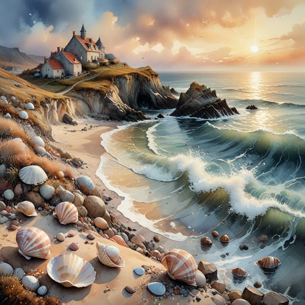 Coastal Landscape with Surreal Elements in Watercolor