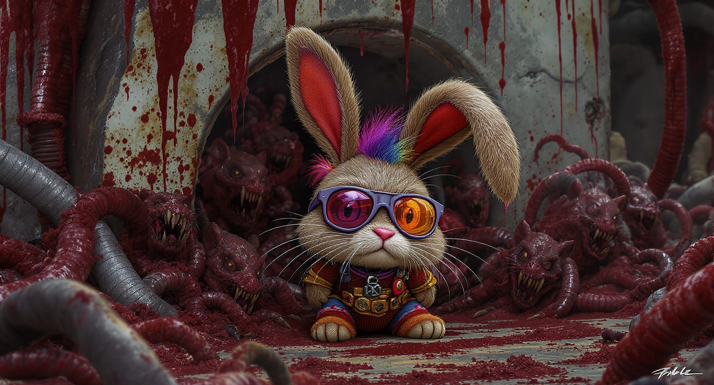 Punk Rock Bunny Hiding in Abandoned Factory
