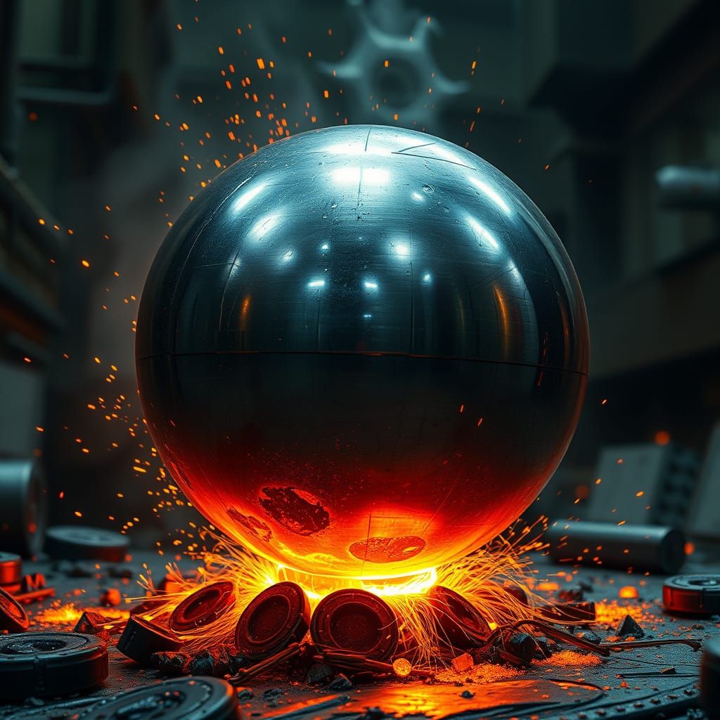 Melting Steel Sphere in Surreal Futuristic Industrial Style
