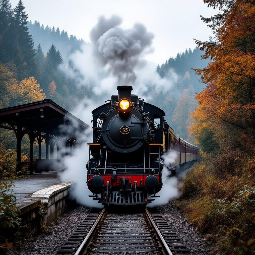 Vintage Train in Misty Station Merged with Autumn Forest