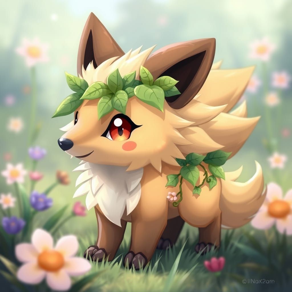 Fluffy Grass Elemental Wolf Pokémon in Lush Meadow