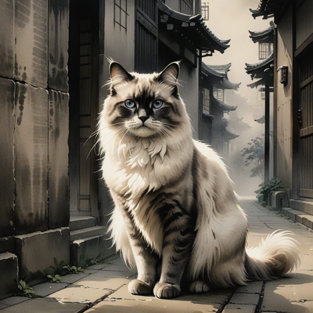 Birman Cat in Misty Alleyway: Sumi-e Style