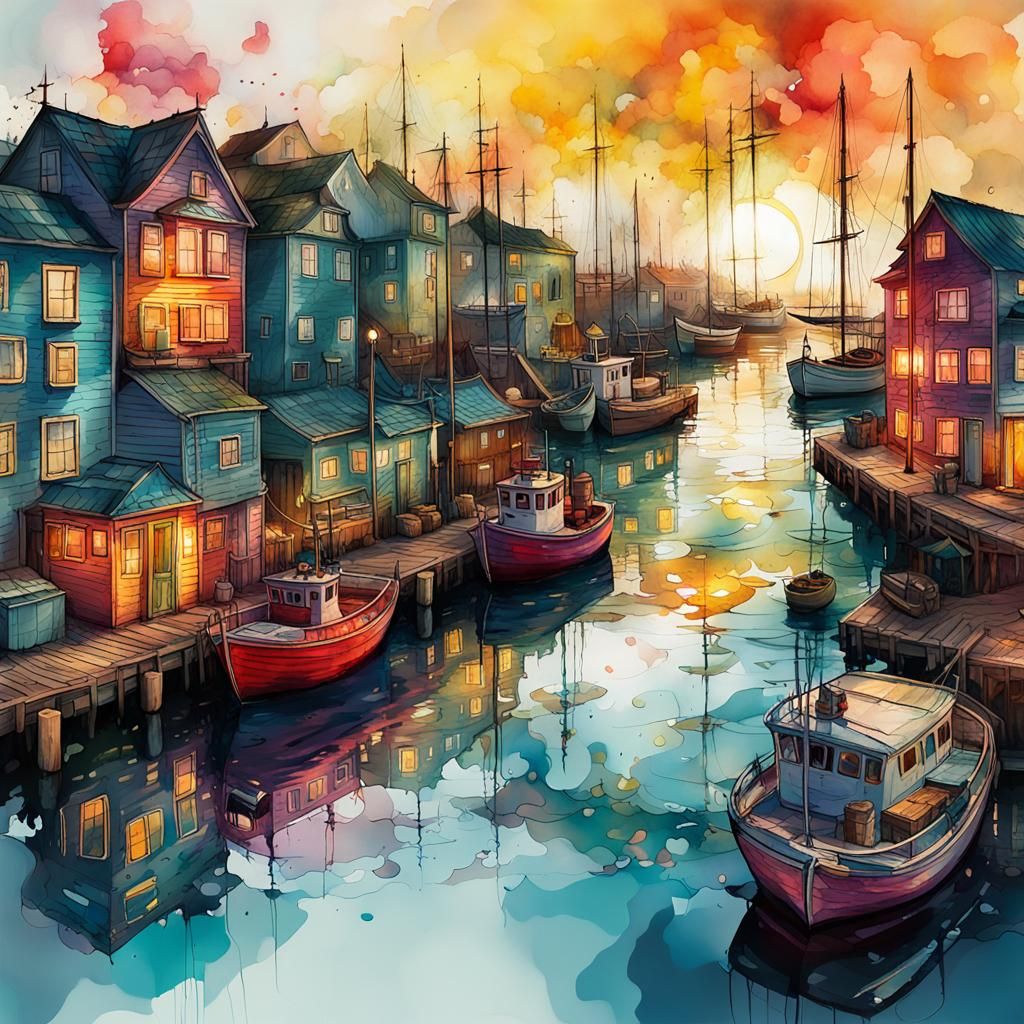 Vibrant Harbour Sunrise in Stylized Alcohol Ink