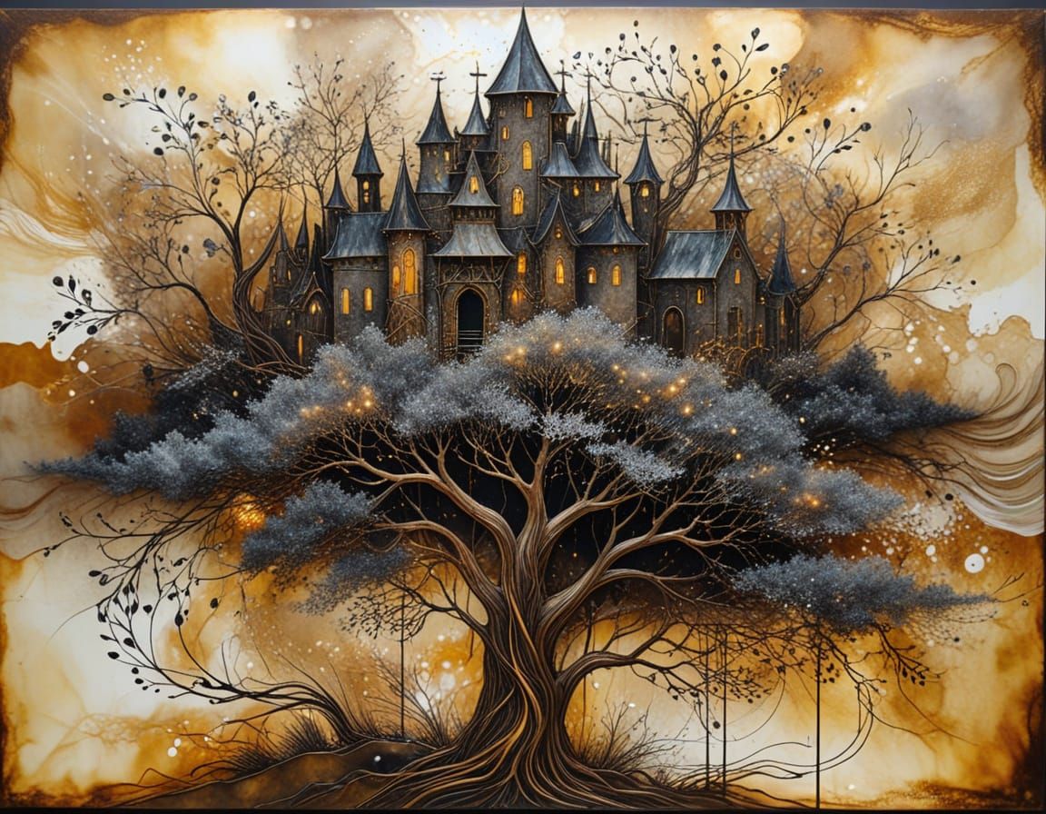 Ethereal Charcoal Medieval Landscape with Bold Lighting