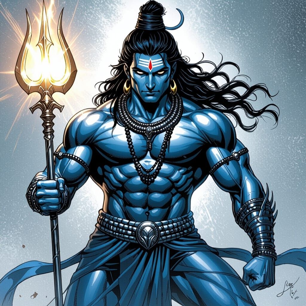 Lord Shiva as Superhero with Glowing Trident