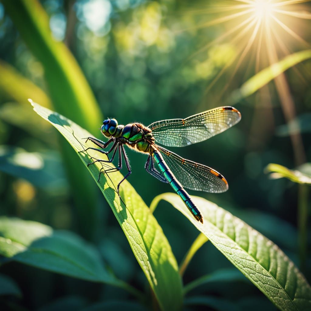 Jurassic Iridescent Dragonfly Perched on Leaf: Film Still