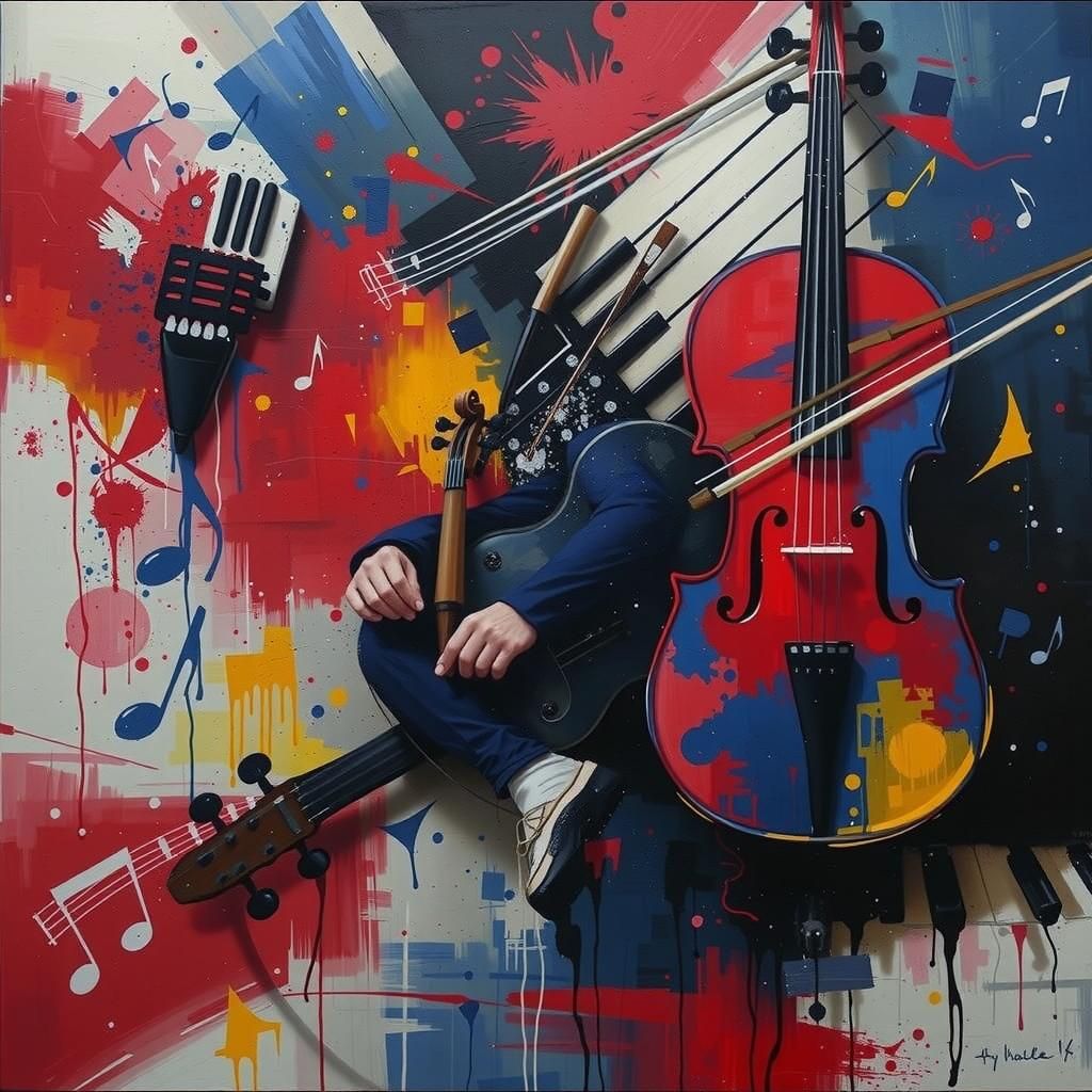 Action Painting. Medium shot. A violin, guitar, and piano entwined together in a swirling dance. Low-angle shot. Express...