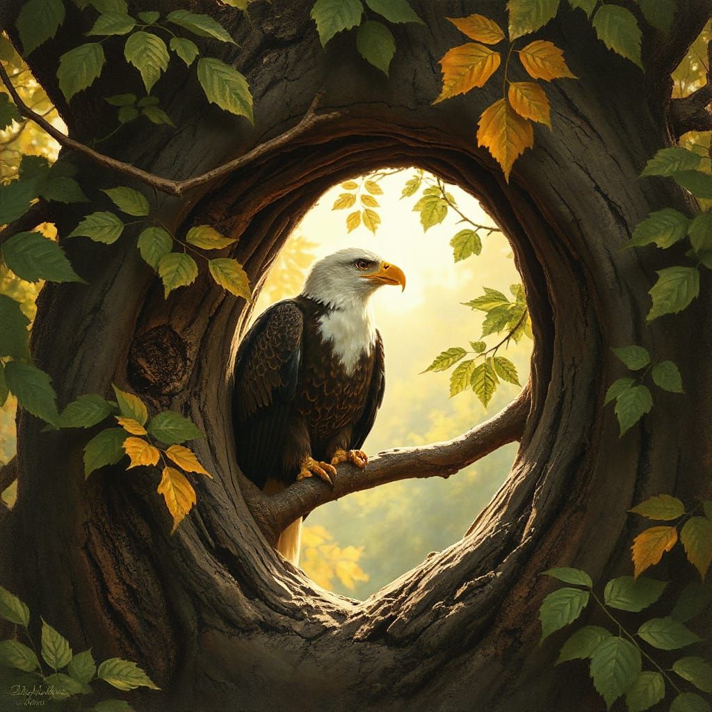 Eagle in Hollow Tree, Audubon-Style Illustration