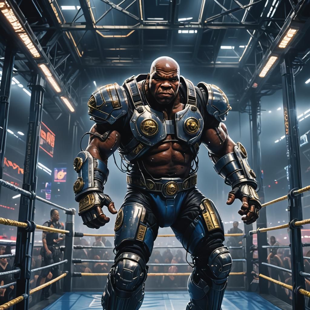 Mike Tyson in Cyberpunk Mecha Exosuit Arena