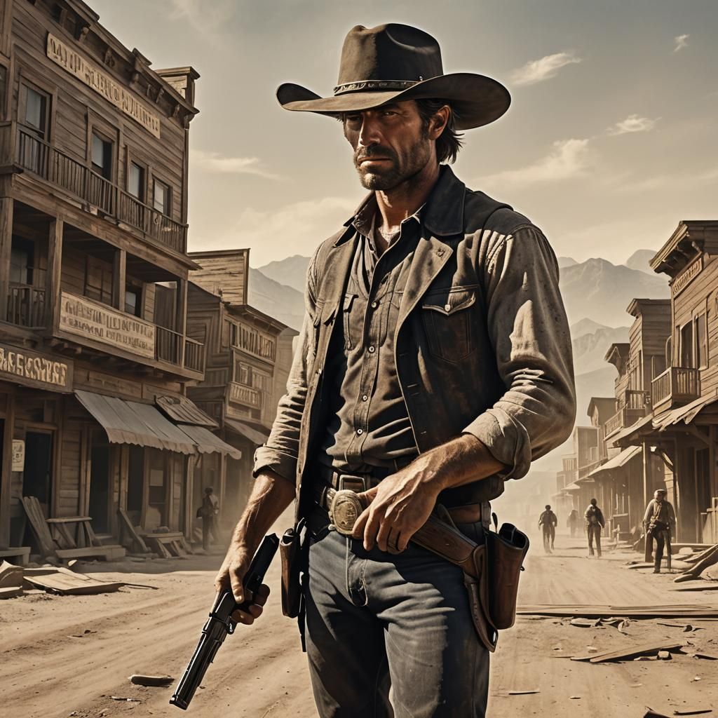 Gunslinger in Western Town, Cinematic Film Still