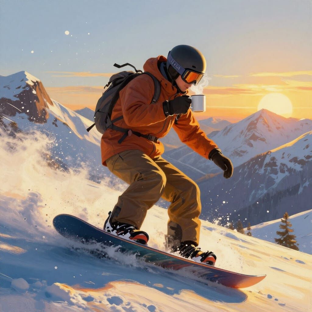 Snowboarder Sips Coffee Mid-Descent in Golden Hour