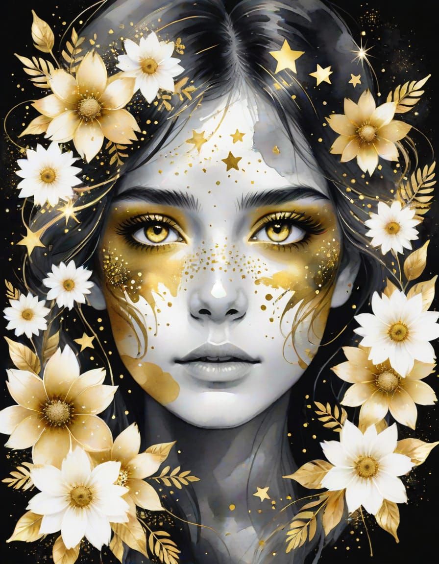 Golden Eyes with Stars and Flowers in Watercolor