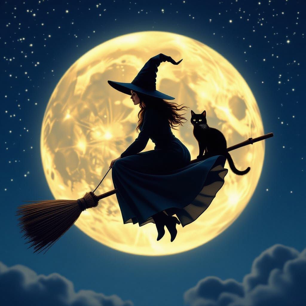 Witch Flying Past Full Moon on Broom with Black Cat