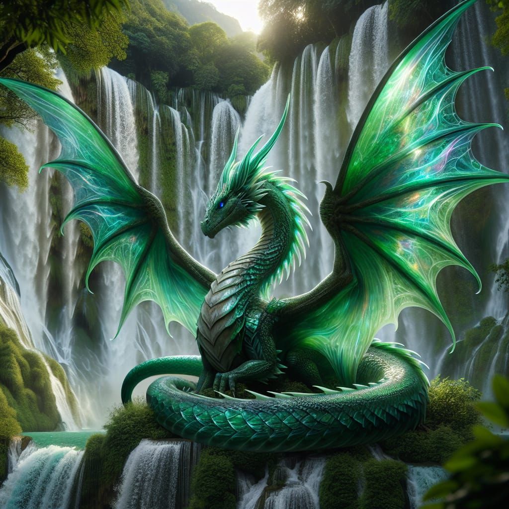 Iridescent Dragon with Waterfall Backdrop