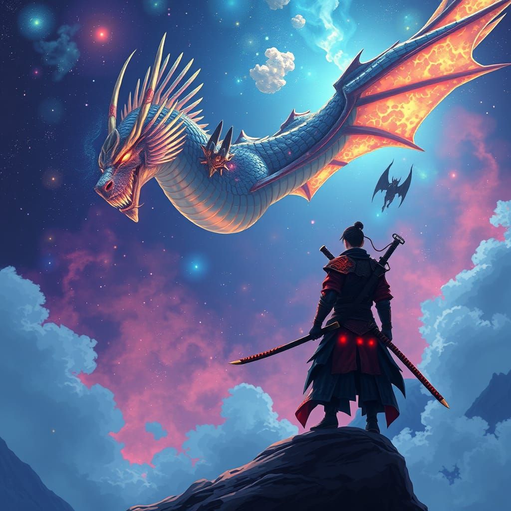 Samurai and Bioluminescent Dragon in Anime Style