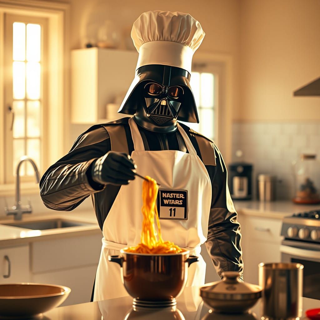 Darth Vader Prepares a Cozy Noodle Dish in a Sunlit Kitchen