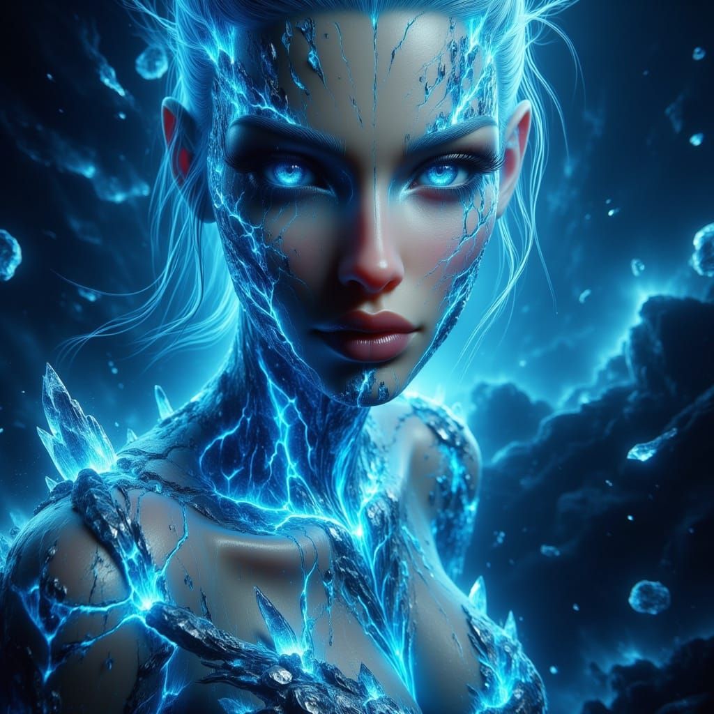 Elegant Aquatic Queen in Dark Blue, Cyan, and Iridescent Hue...
