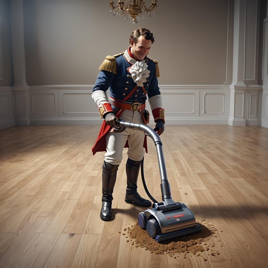 Napoleon Vacuuming Floors in 3D Game Style