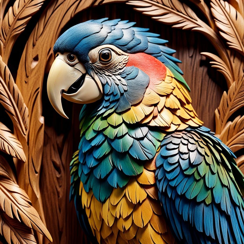 Hyper-Realistic Wood Carving of a Parrot